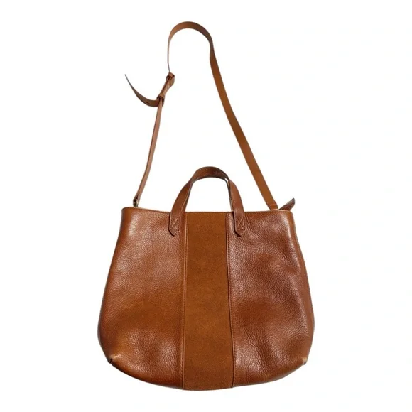 Madewell Small Transport Leather Crossbody Tote Suede Stripe Brown Maple Syrup
